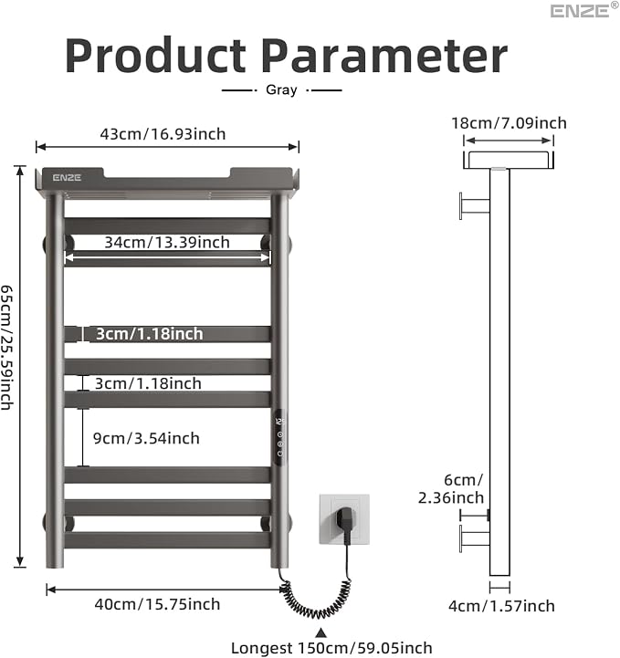 ENZE Smart Heated Towel Rack, 8-Bar Wall-Mounted Electric Towel Warmer with Shelf, Wi-Fi App Control, Adjustable Temperature & 24H Timer, Low Carbon Steel, IPX5, Plug-in/Hardwired, Gray