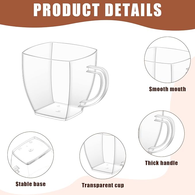 Amyhill 100 Pcs Mini Disposable Tea Cups with Handle, 2oz Hard Plastic Coffee Mug Bulk Plastic Square Disposable Espresso Cups for Wedding Tea Party Catering Dessert Sampling (Transparent)