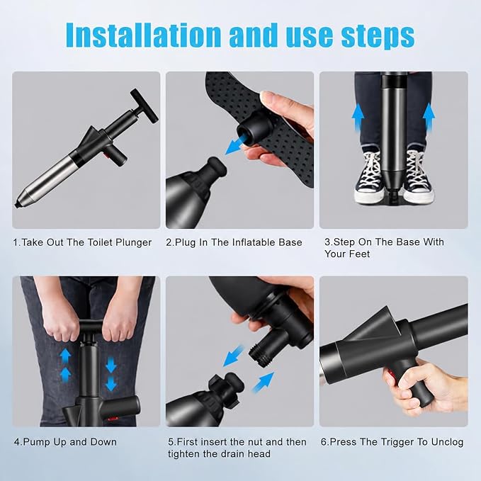 Fast Toilet Plunger High Pressure with Storage Bag, Heavy Duty Air Drain Blaster & Unclogger Tool, Clog Remover Kit & Toilet Snake Alternative for Bathroom, Toilets, Sinks, Tubs, Pipes (Black)