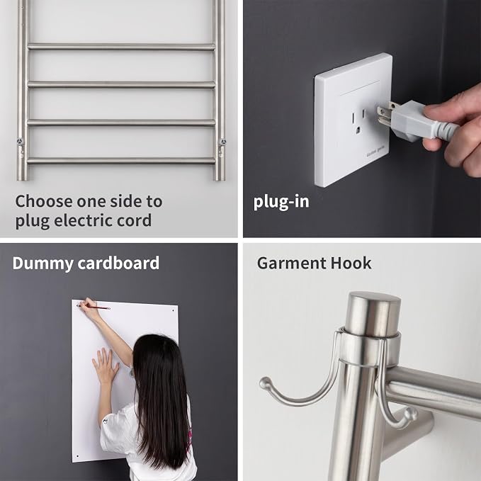 Wall Mounted Towel Warmer 10 Bars with Plug-in and Hardwired Options 3 Working Modes Brushed Stainless Steel 21” W 34” H