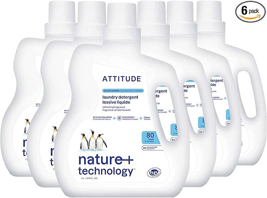 ATTITUDE Liquid Laundry Detergent, EWG Verified, HE Compatible, Plant-Based & Vegan, Natural Laundry Soap, Wildflowers, 80 Loads, 67.6 Fl Oz (Pack of 6)