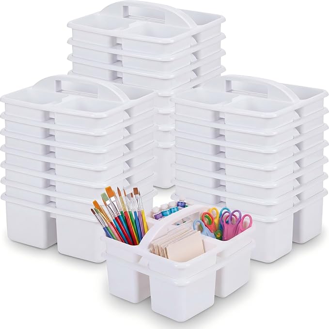 Geelin 24 Pack Classroom Caddy Bulk, Plastic Storage Caddy with Handle and 3 Compartments, Stackable Art Supply Caddies Organizer(White)