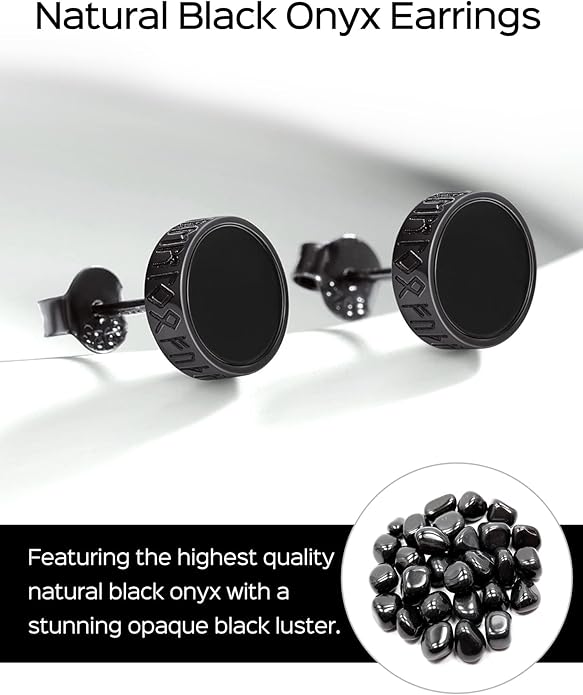 ChicSilver 925 Sterling Silver Viking Rune Natural Black Onyx Stud Earrings For Women Men