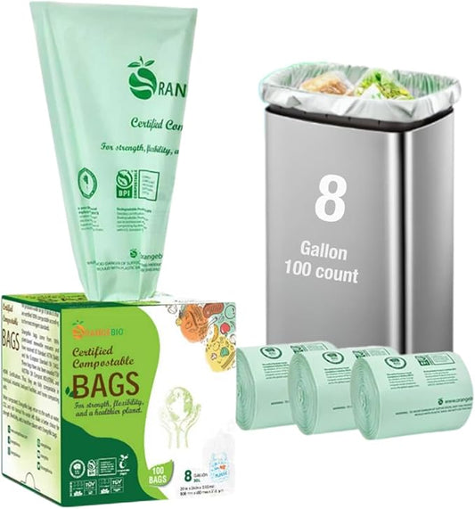 OrangeBio 6-8 Gallon Compostable Trash Bags, 100 Count, Kitchen Food Waste & Compost Bin Liners, Plant-Based Garbage Bags, BPI ASTM D6400 & TÜV OK Compost Home Certified