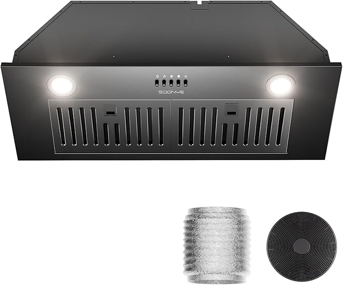 30 Inch Range Hood Insert, 600 CFM Convertible Ducted/Ductless Kitchen Hood with Matte Black Finish on Stainless Steel, 3-Speed Exhaust Fan with LED Lights, Baffle & Carbon Filters