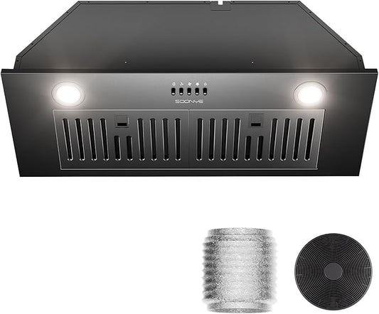 30 Inch Range Hood Insert, 600 CFM Convertible Ducted/Ductless Kitchen Hood with Matte Black Finish on Stainless Steel, 3-Speed Exhaust Fan with LED Lights, Baffle & Carbon Filters
