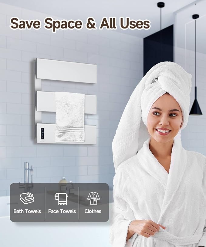 Towel Warmers for Bathroom, Heated Towel Rack Wall Mounted, 21.6" X 17.7" Smart LED Control, Built-in Timer & Temperature, Max 140°F, Plug-in, Fast Heating, Brushed Nickel