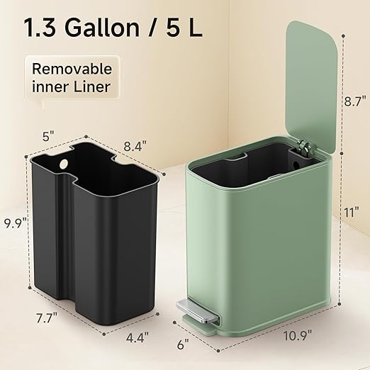 TIPGO Small Bathroom Trash Can with Lid Soft Close, Step Pedal, 1.3 Gallon / 5 Liter Stainless Steel Slim Garbage Can for Office, Diaper Waste Basket with Removable Inner Bucket (Green)