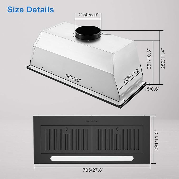 JOEAONZ Range Hood Insert 30 inch, 600 CFM Built-in Kitchen Exhaust Fan Matte Black Stainless Steel, Long Led Light Push Button Vent Hood with Baffle Filter, Kitchen Hood Ducted/Ductless Convertible