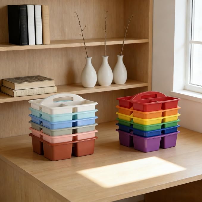RAUVOLFIA Set of 6 Classroom Caddy, Small Plastic Storage Caddy with Handle for Classrooms, Home and Office Organization, 3 Compartment (Boho)