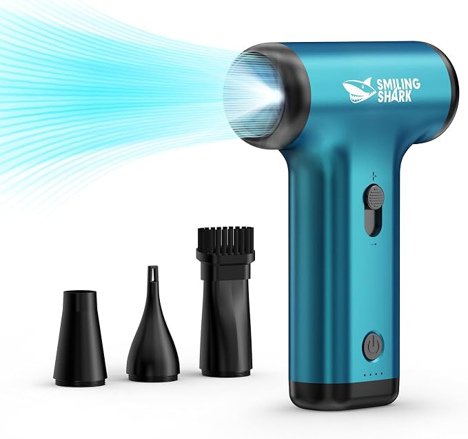 Smiling Shark Compressed Air Duster, JF-01 Brushless Motor Stepless Speed 130000RPM 5Kpa Rechargeable Cordless Electric Air Blower with LED Light for PC Cleaning/Keyboard/Car/Camping, (Blue)
