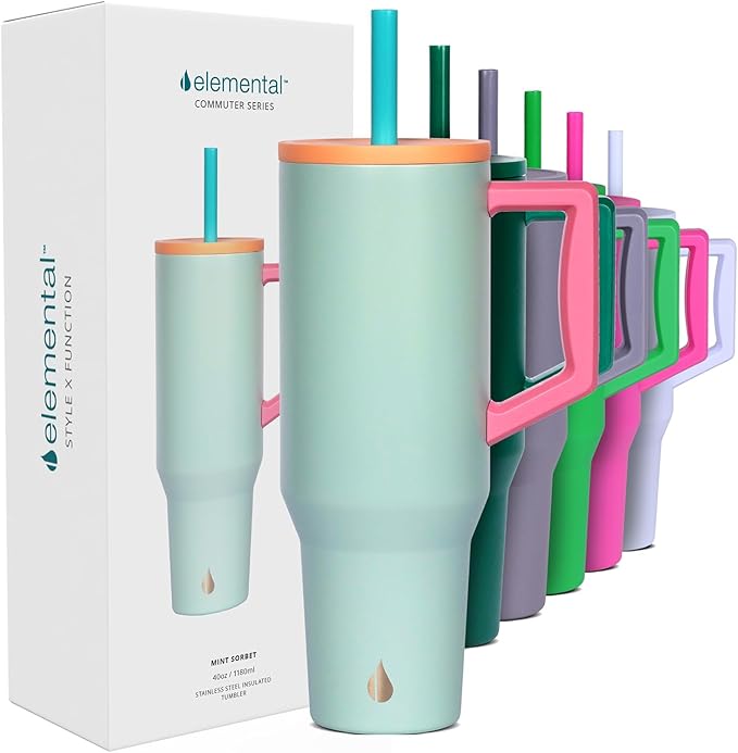 Elemental 40 oz Tumbler with Handle and Straw - Spill Proof Insulated Stainless Steel Commuter for Cold Beverages - Travel Coffee Mug with 2 Straws & Spill Proof Lid - 40oz - Mint Sorbet