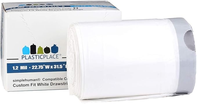 Plasticplace Custom Fit Trash Bags, Compatible with simplehuman Code N (50 Count) White Drawstring Garbage Liners 12-13 Gallon / 45-50 Liters, 22.5" x 31.5"