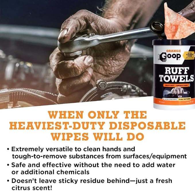 GOOP Orange Heavy Duty Ruff Towels with Scrubbing Power, 10” x 12” Dual Textured Multi-Purpose Cleaning Wipes, Removes Dirt, Grease, Oil, 72 Count (Pack of 2)