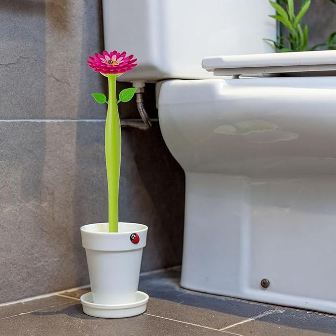 Vigar Flower Power Toilet Brush with Holder Set Toilet Brush with Daisy-shaped Handle, Flowerpot Base with Saucer Durable Bristles for Bathroom, White