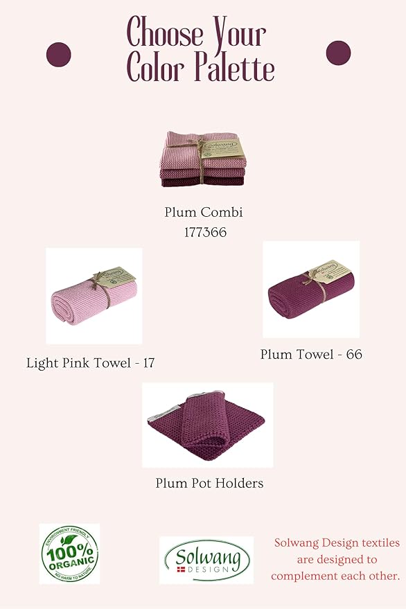 Solwang 3-Piece Danish Cotton Dishcloths in 100% Certified Organic Cotton Made in India (Plum Organic Combi)