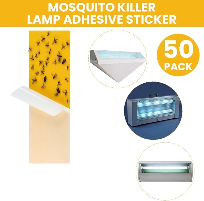 Qualirey 50 Pack 5"x17" Fly Light Trap Refill UV Adhesive Glue Boards Mosquito & Gnat Sticky Bug Trap Replacement Fruit Flies Gnats Bug Catcher Safe Pest Control for Indoors Home Garage