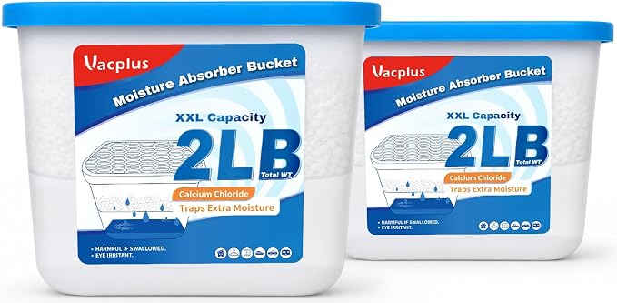Vacplus 2LB Moisture Absorber Bucket - Large Capacity Moisture Absorber with Calcium Chloride Crystals, Effective Dehumidifier for Basement, Closet & Bathroom, 2 Packs