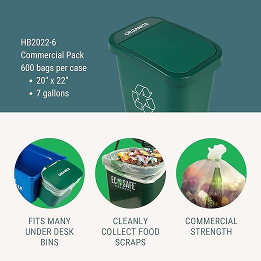 EcoSafe-6400 HB2022-6 Certified Compostable Bag - 20x22” Green Bags for 7 Gallon Bin - Extra Strong Leak, Puncture and Tear Resistant Food Scraps Bin Liners, Pack of 600