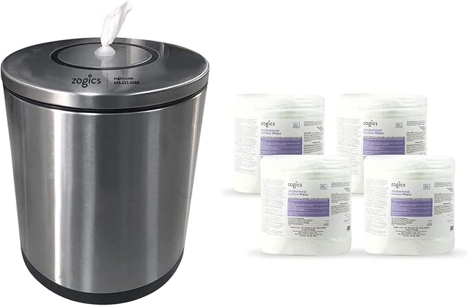 Zogics Antimicrobial Wipes and Tabletop Stainless Steel Wipe Dispenser
