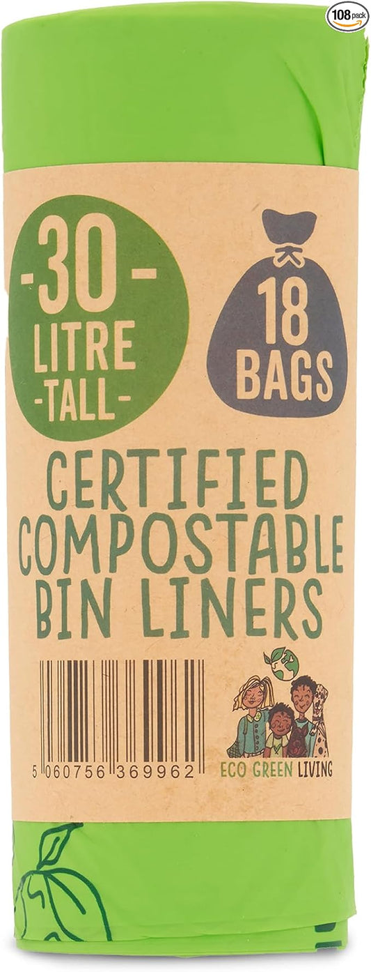 Eco Green Living 100% Compostable Biodegradable Bin Liners 30L Bin Bags For Food Waste, Kitchen Tall Bin Liners, Vegan, Strong, Leakproof, BPA Free, Recyclable, 6 Rolls, 108 Bags
