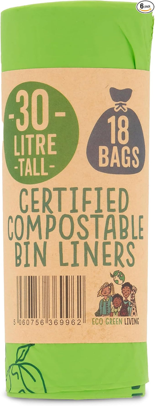 Eco Green Living Plastic Free, Strong and Leak Proof Refuse Sacks, Medium Bin Bags for Food Waste and Kitchen Bin, Tie Handle Garbage Bags, 72 Bags, 7.93 Gallons