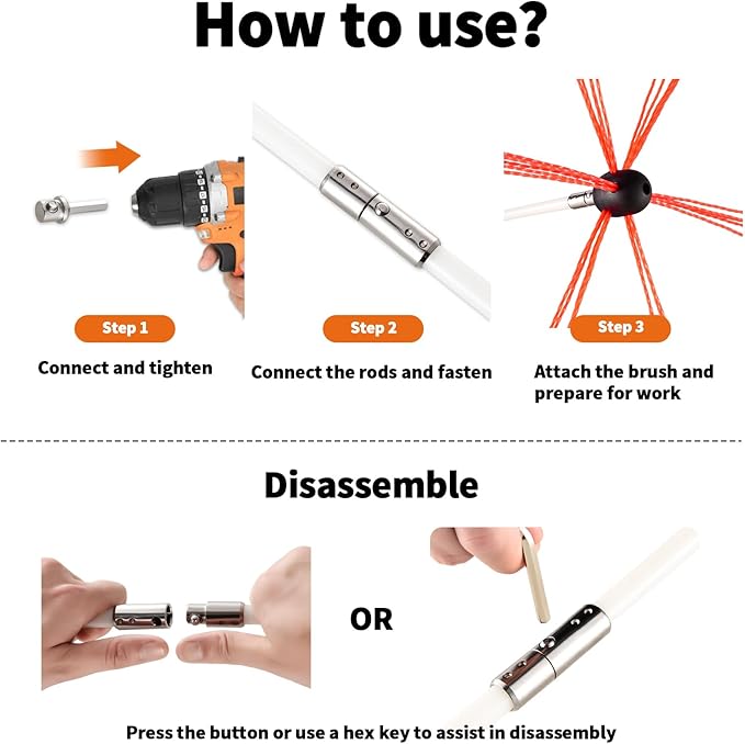 Bluesea 1 Piece Chimney Sweep Brush, Chimney Cleaning Kit Accessories with Hex Key and Adapter for Electric Drill, Durable Nylon Brush for Fireplace Flue Use.