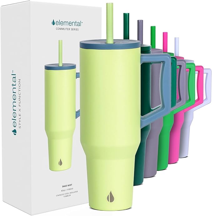 Elemental 40 oz Tumbler with Handle and Straw - Spill Proof Insulated Stainless Steel Commuter for Cold Beverages - Travel Coffee Mug with 2 Straws & Spill Proof Lid - 40oz - Sage Mist