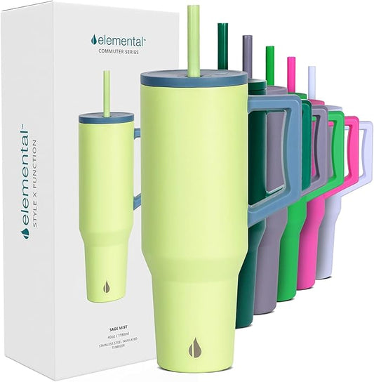Elemental 40 oz Tumbler with Handle and Straw - Spill Proof Insulated Stainless Steel Commuter for Cold Beverages - Travel Coffee Mug with 2 Straws & Spill Proof Lid - 40oz - Sage Mist