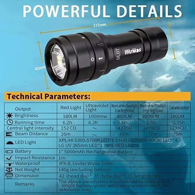 Wurkkos DL07 Dive Light 3000Lumen Underwater Video Light, White Red Violet Tri-Color, 135-Degree Wide Beam Scuba Flashlight for Dive Photography Fill Light and Fluorescent Night Diving