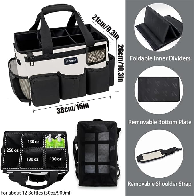 Wearable Cleaning Caddy Bag,Cleaning Supply Tote for Cleaning Supplies, Cleaning Organizer with Adjustable Shoulder and Waist Straps for Cleaners Housekeepers (Black-White, Large)