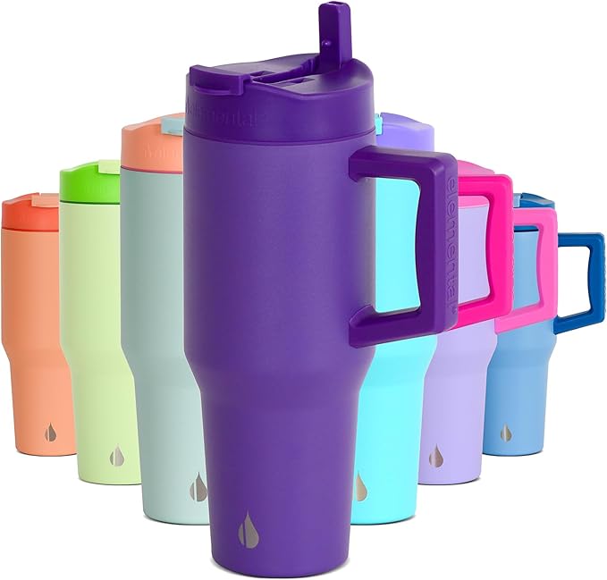 Elemental 32 oz 100% Leak Proof Tumbler with Handle & Straw - Stainless Steel Double Wall Insulated Tumbler for Hot and Cold Beverages - Travel Coffee Mug with Sip & Straw Lid - Purple