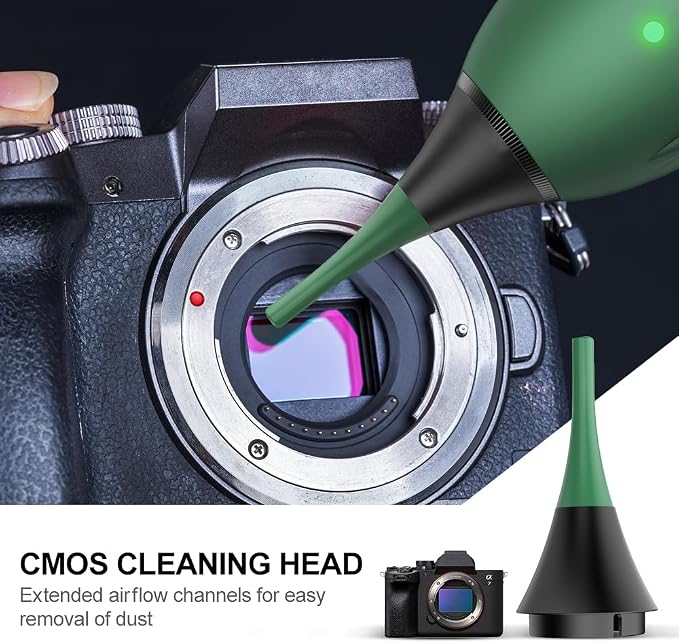 Electric Air Blower Kit, with 4 Soft Tip Silicone Replacable Nozzles, Mechanism Dust Blower and Vacuum Cleaner, Professional Air Blaster for Camera Sensor CCD CMOS (Green)