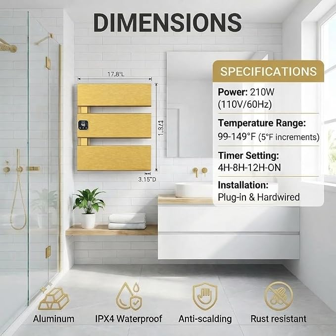 L Series Electric Towel Warmer for Bathroom, 3 Panel, Gold | Thermo Control and Timer, Fast Heat in 3 Mins, Dry Towels in 4 hrs, Memory Function, Work with Smart Plug, Left-Wiring