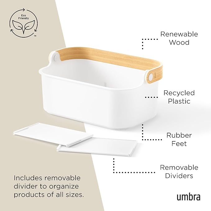 Umbra Bellwood Stackable Bin, 11" x 7" Durable Lightweight Container with Wooden Handle and Removable Dividers, White/Natural