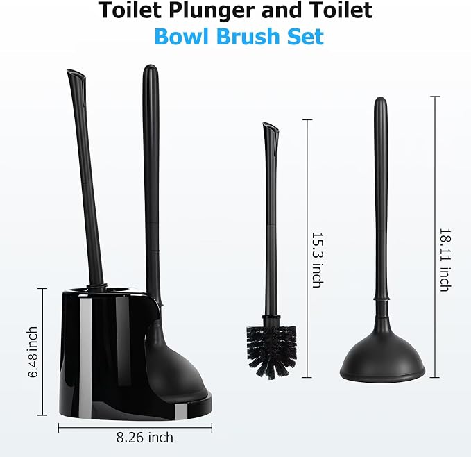 2Pack 2 in 1 Toilet Brush and Plunger Set, Bathroom Cleaning, Black | Extended Handle Plunger, Toilet Bowl Brush Plunger Set, Cleaning Tools, plunger and brush set,Stiff bristle toilet brush with