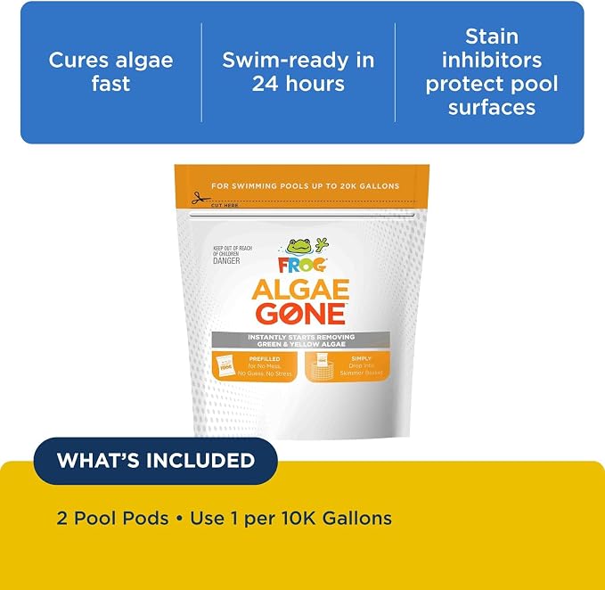 FROG Algae Gone - Dry Formula Algaecide Removes Green and Yellow Algae for In-Ground & Above-Ground Pools up to 20,000 Gallons - Chemical Pool Maintenance & Treatment - 2 Pods