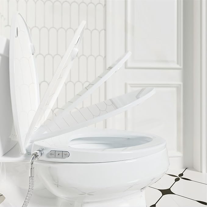 Clirass Bidet Toilet Seat, Soft Close Toilet Seat, Button control Feminine/Posterior Wash Switch, Knob Control Water Pressure,White Bidet Seat Attachment with Brass inlet (Elongated-D)