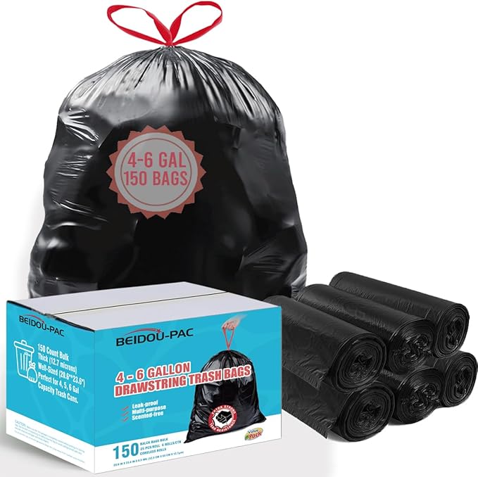 BEIDOU-PAC 4-6 Gallon Trash Bags Drawstring, 150 Count Bulk Value Pack, Black & Unscented Multi-purpose Garbage Bags for Business Home Bathroom Kitchen Commercial and Industrial
