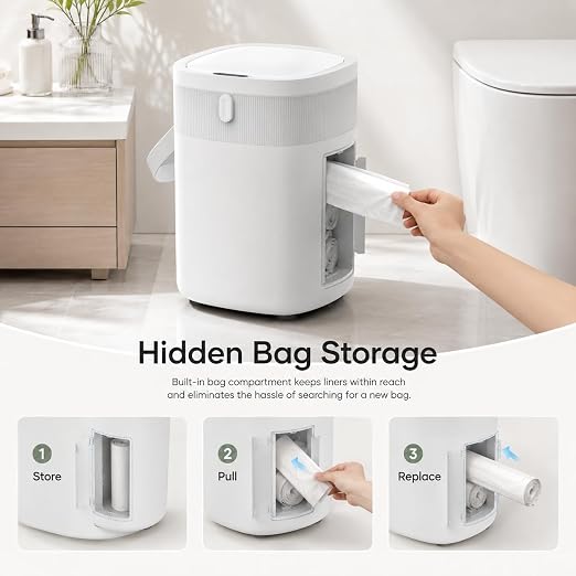 WM-DZT-12-36S Smart Motion Sensor Trash Can, Ultra-Quiet Soft-Close | Long Battery Life | Built-in Bag Storage & Portable PU Handle (White)