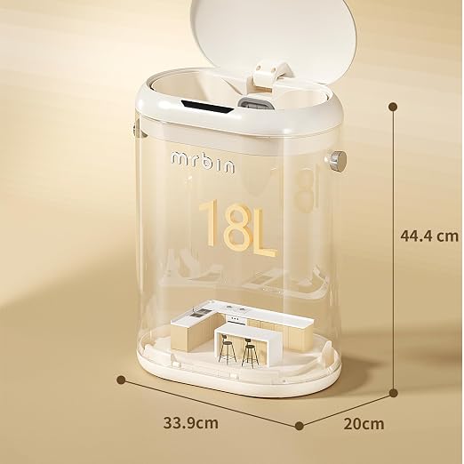 MRBIN Automatic Adsorption Metal Trash Can for Bathroom, Touchless Garbage Bin with Lid, 4.8 Gallon Slim Trash Can for Office and Bedroom, Kitchen Electric Motion Sensor Waste Basket, Cream White