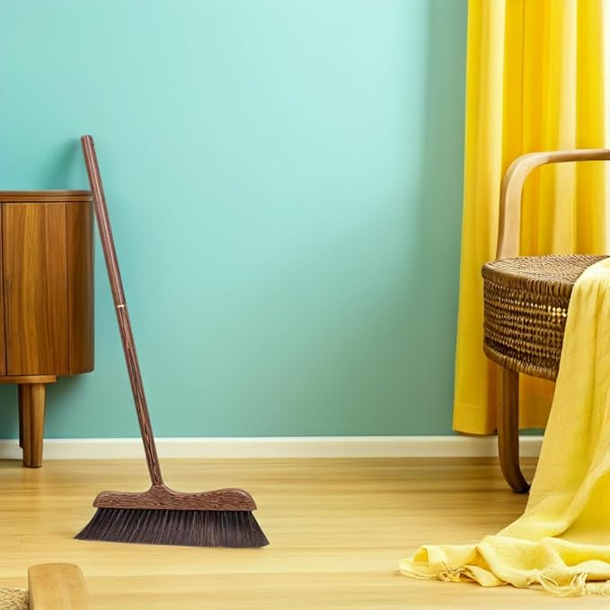 Unomor Wenge Wooden Scrubbing Broom Long Handle Floor Cleaning Broom with Soft Bristle Brush for Dust Removal Indoor Kitchen Patio Courtyard Sidewalk 32.28 X 11.81 X 0.78 in