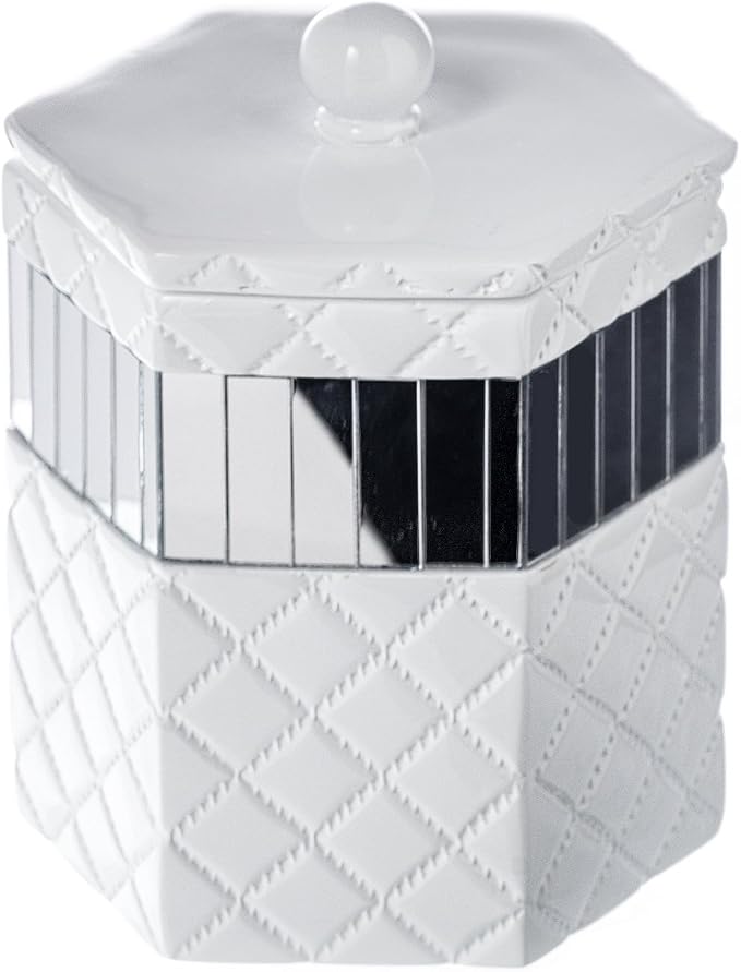 Creative Scents Quilted Mirror Q-Tip Holder, Decorative Bathroom Vanity Cotton Swab Holder Canister Jar With Lid for Cotton Balls, Durable Resin Cosmetic Pads & Swabs Container