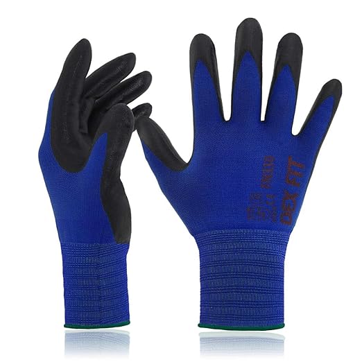 DEX FIT Nitrile Work Gloves FN330, 3D-Comfort Stretchy Fit, Firm Grip, Thin & Lightweight, Touch-Screen Compatible, Durable, Breathable & Cool, Machine Washable; Blue M (8) 3 Pairs