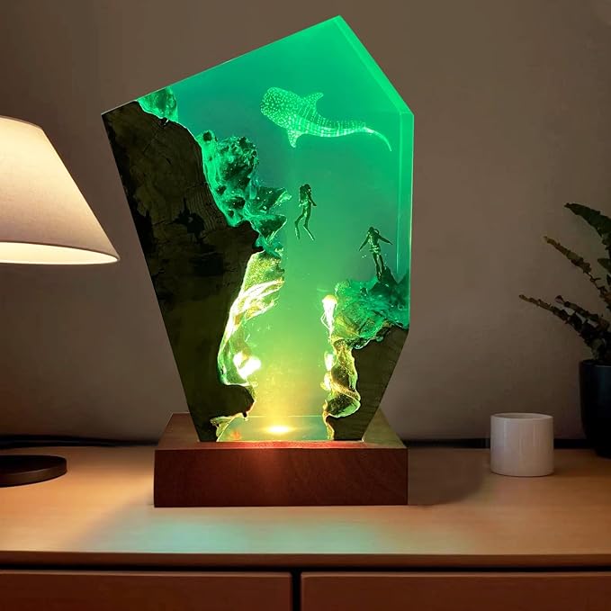 Whale Shark Resin Ocean Lamp, Handmade RGB Ocean Lamp with Wooden Base for Home Decor, Scuba Diving Gifts for Ocean Lovers,Unique Birthday Valentine's Day Gifts for Women & Men (L,10"x6")