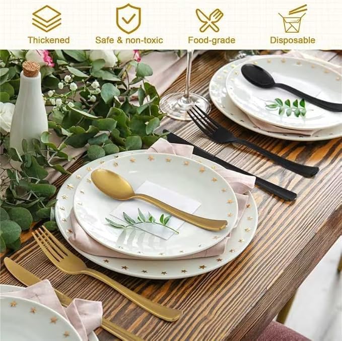 Kochorie 300 Pieces Graduation Black and Gold Plastic Silverware Heavy Duty Plastic Cutlery Set Disposable Flatware Includes Spoons Forks Knives for Party Supplies