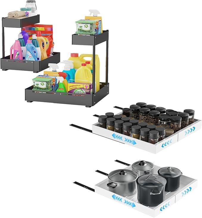 Insputer 2 Pack Under Sink Organizer with 2 Pack Pull Out Cabinet Organizer Expandable Width(12.2"-20.47") & 21" Deep