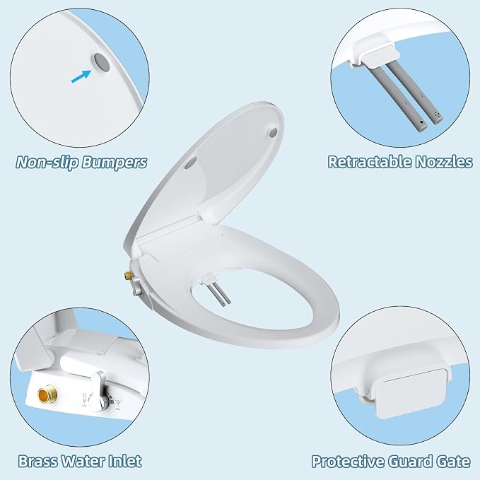 Hibbent Elongated Bidet Toilet Seat with Slow Close, Non-Electric Bidet Attachment for Toilet Seat with Dual Nozzle, Bidet Sprayer with Adjustable Self-Cleaning Nozzles, Brass T Adapter
