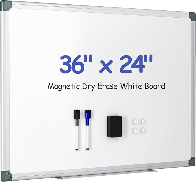 Magnetic White Board for Wall, 36" x 24" Dry Erase Board Kit with 2 Magnetic Dry Erase Markers, 4 Magnets, Eraser, Pen Tray & Mounting Kit – White Board Dry Erase for Home, Office, School