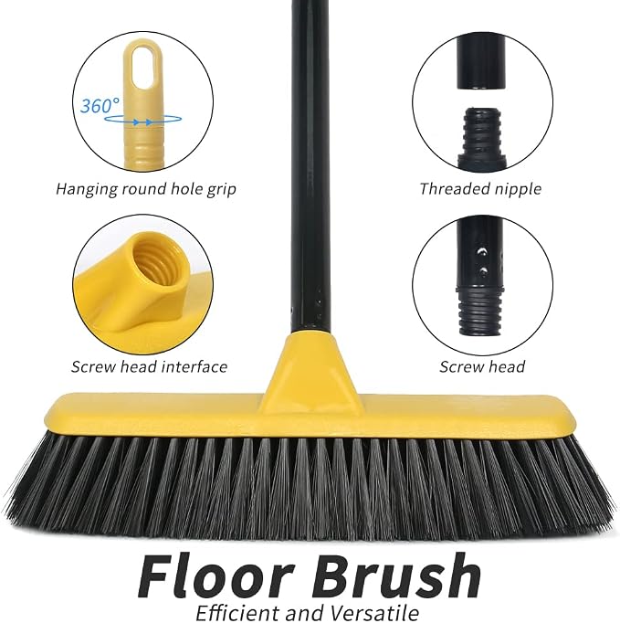 Push Broom with Long Handle, Floor Brush 51.6 inch Soft Bristle Broom 12.2" Wide for Cleaning Bathroom Kitchen Patio Garage Deck Tile